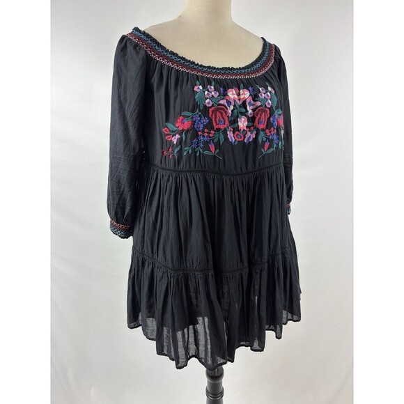 Free People Sunbeams Off Shoulder Mini Dress Black Small Embroidered Ruffled - Picture 16 of 16